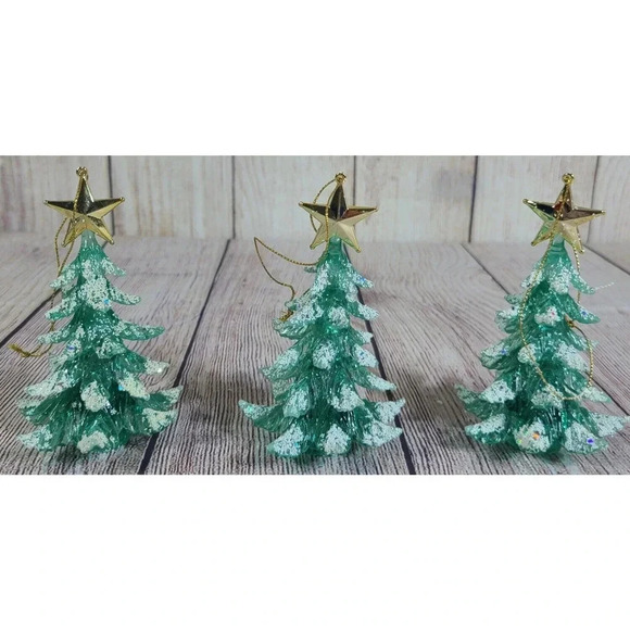 Holiday Christmas Tree Ornaments Lot Of 3 Green White Hard Plastic Glitter 5" - Picture 1 of 6